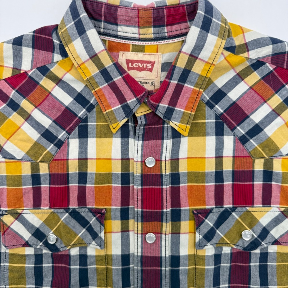 Levi's Western Shirt Mens M Multicolor Plaid Short Sleeve Pearl Snap Cotton